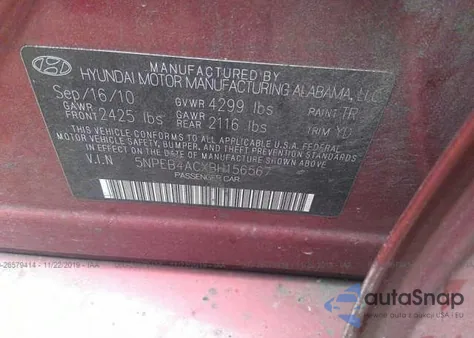 2011 Hyundai Sonata Gls z USA, uszkodzony, nr VIN 5NPEB4ACXBH156567